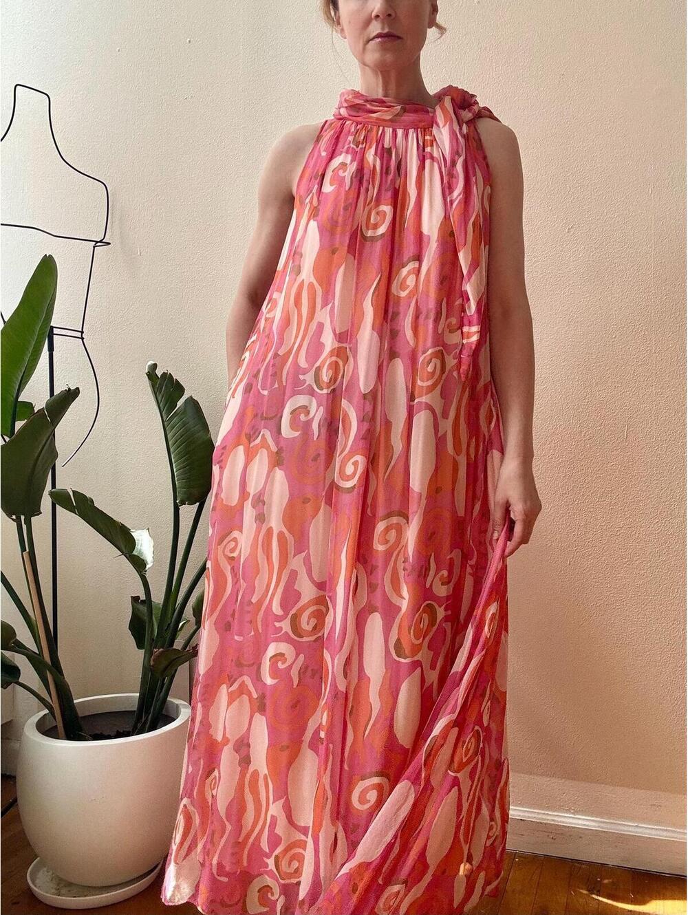 Vintage 1960s Pink Silk Chiffon Swirl Pattern Gown